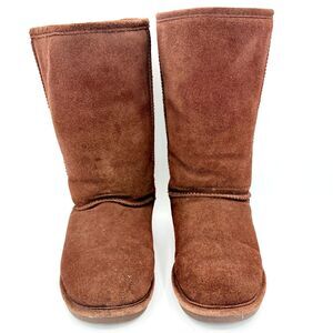 BearPaw Eva Tall Dark Brown Suede Boots, sheepskin/wool blend lining size 6